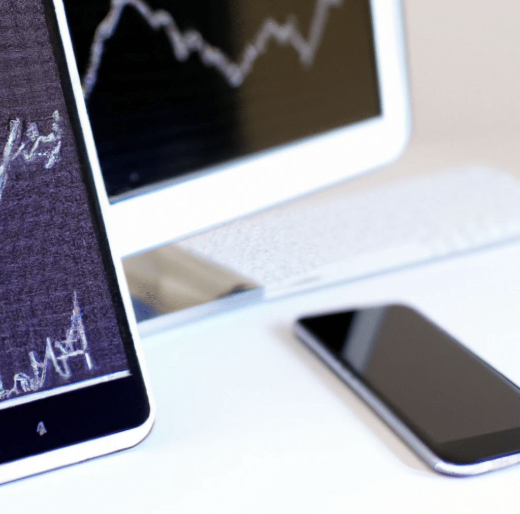 A computer and a mobile phone on a desk with financial charts