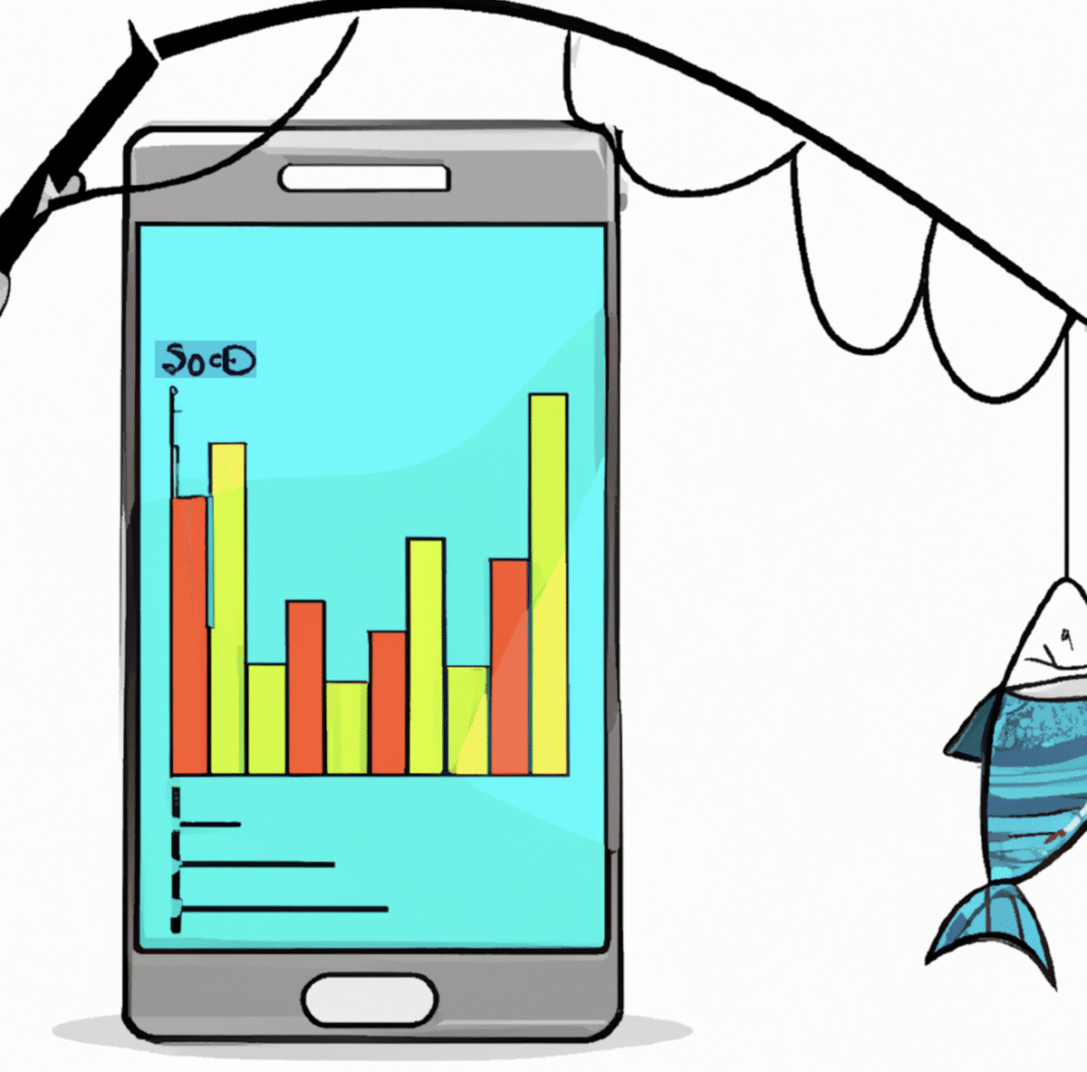 A smartphone with a financial chart and a fishing rod next to it