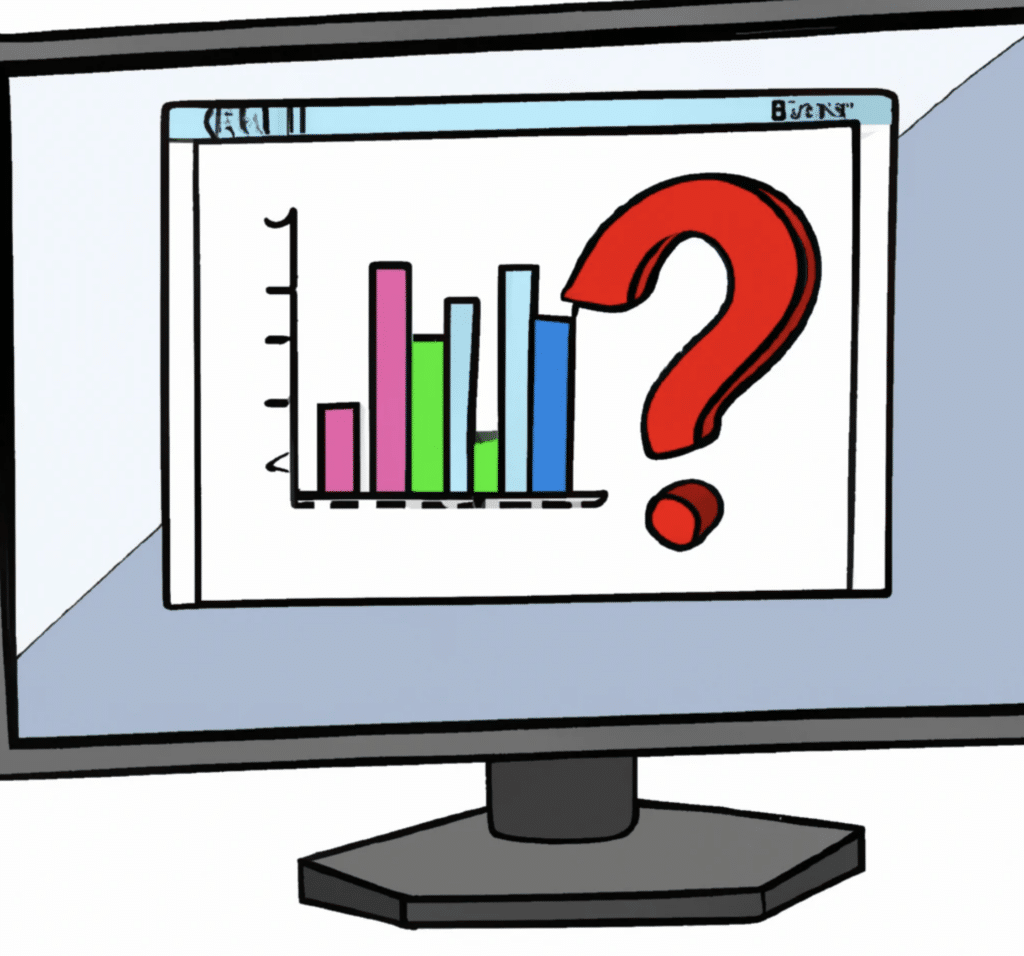 Computer screen with financial chart on it and a question mark