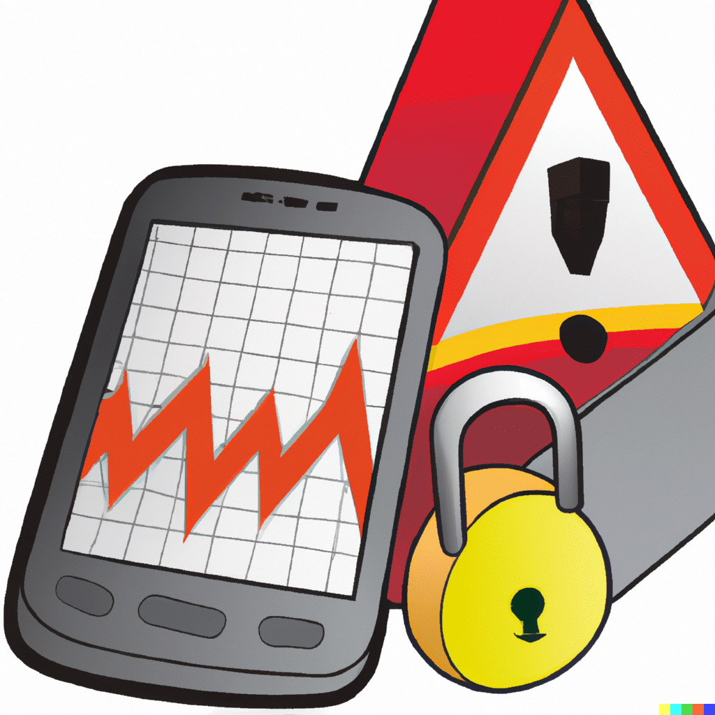 a cartoon of a mobile phone showing a financial chart and a padlock and a warning triangle