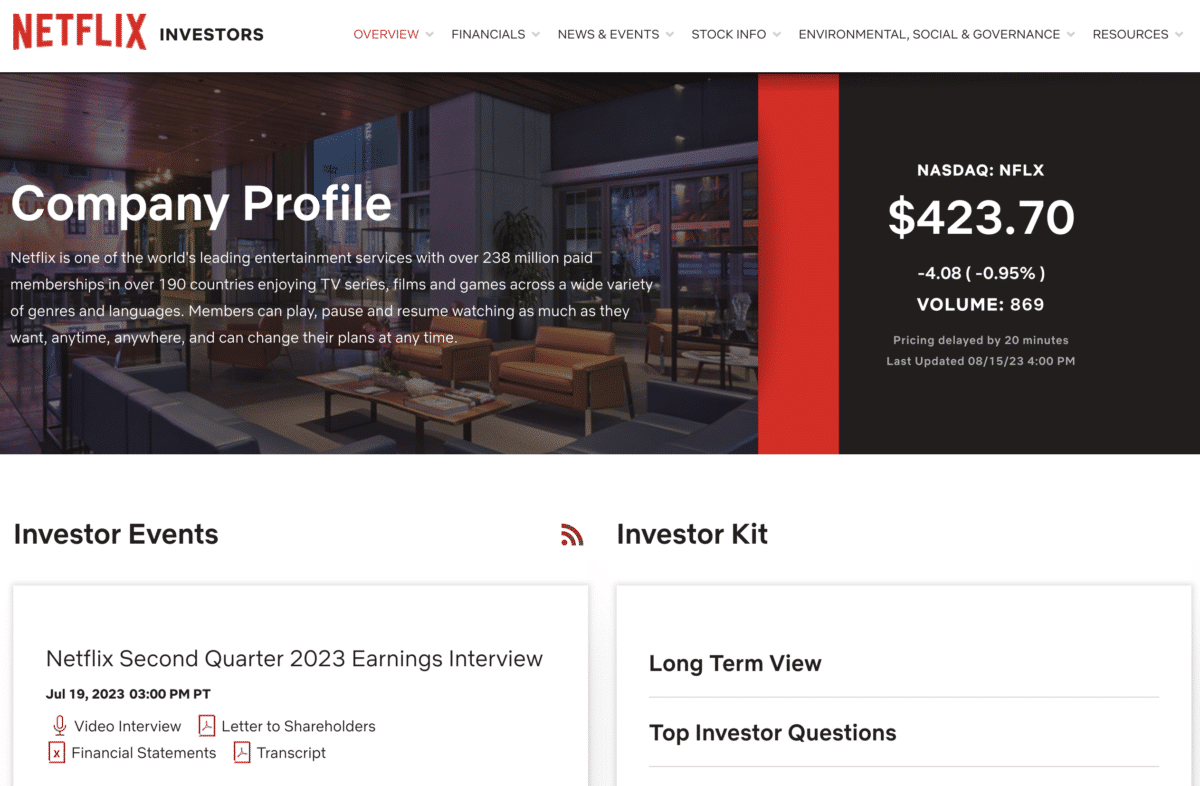 Netflix Investor Website Screenshot