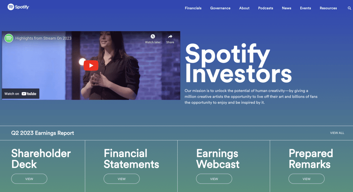 Spotify Investor Website Screenshot