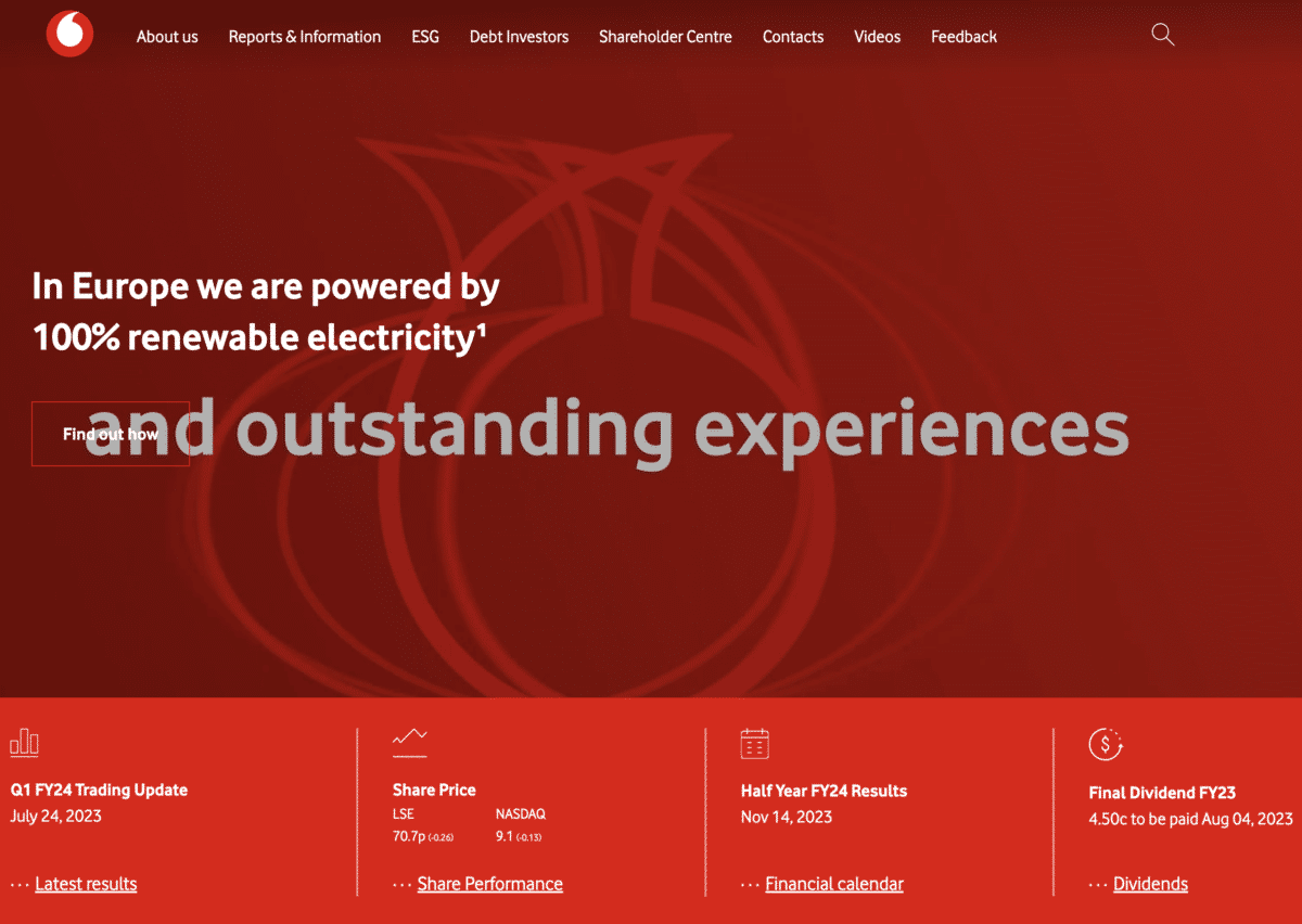 Vodafone Investor Website Screenshot